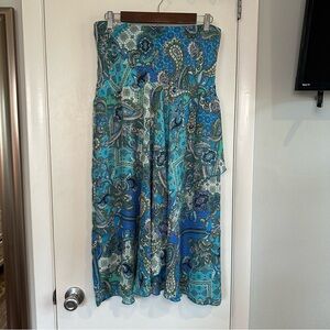 Y2K Drop Waist Paisley Asymmetrical Midi Skirt. Large. Blue.